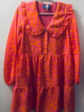 Cras Tory Tiered Heart Ruffle Collar Baby Doll Tangerine Pink Mini Dress NEW